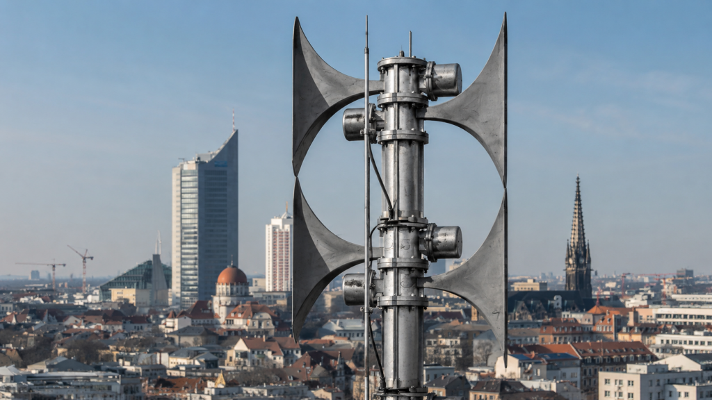 KI generiertes Bild Stadt Leipzig mit Sirene